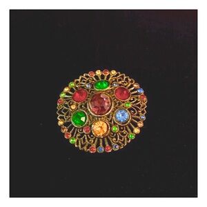 1950’s Mid Century Gold Multi Colored Fruit Salad Brooch, 2” x 2”